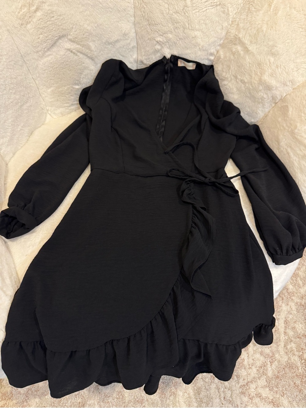 Altar'd State Black Long Sleeve Wrap Dress with Ruffle Hem - Picture 1 of 1